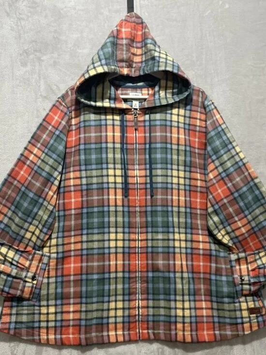 L.L. Bean Scotch Plaid Flannel Women's 3X Relaxed Zip Hoodie Lightweight Logo - Picture 1 of 5